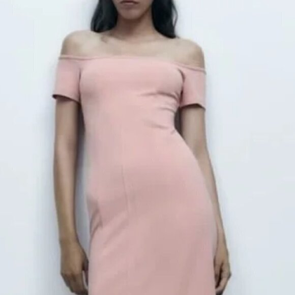 ZARA NWT Baby Light Pink Topstitched Off the Shoulder Bodycon Midi Dress Size M - Picture 1 of 16